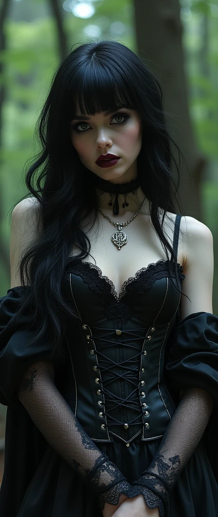 a stylish emo pale gothic woman in forest black velvets, lace, fishnets and leather tinged with scarlet or purple, accessorized with tightly laced corsets, gloves, precarious stilettos and silver jewelry depicting religious or occult themes elegantly quaint in black sludge morbid, fashion and style of dress, typical gothic fashion includes black dyed hair and black clothes wear dark eyeliner, dark nail polish and lipstick, and dramatic makeup (best quality,4k,8k,highres,masterpiece:1.2),ultra-detailed,(realistic,photorealistic,photo-realistic:1.37),HDR,UHD,studio lighting,ultra-fine painting,sharp focus,physically-based rendering,extreme detail description,professional,bokeh,portrait,high fashion,elegant,glamorous,cinematic,dramatic lighting,moody,mysterious,sensual,sophisticated
