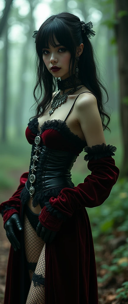 a stylish emo pale gothic woman in forest black velvets, lace, fishnets and leather tinged with scarlet or purple, accessorized with tightly laced corsets, gloves, precarious stilettos and silver jewelry depicting religious or occult themes elegantly quaint in black sludge morbid, fashion and style of dress, typical gothic fashion includes black dyed hair and black clothes wear dark eyeliner, dark nail polish and lipstick, and dramatic makeup (best quality,4k,8k,highres,masterpiece:1.2),ultra-detailed,(realistic,photorealistic,photo-realistic:1.37),HDR,UHD,studio lighting,ultra-fine painting,sharp focus,physically-based rendering,extreme detail description,professional,bokeh,portrait,high fashion,elegant,glamorous,cinematic,dramatic lighting,moody,mysterious,sensual,sophisticated
