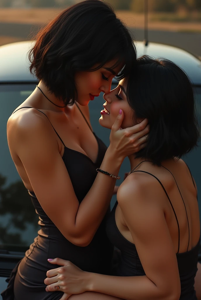 Young woman with beautiful curves and dark bob hairstyle has passionate sex in on the cars engine hood