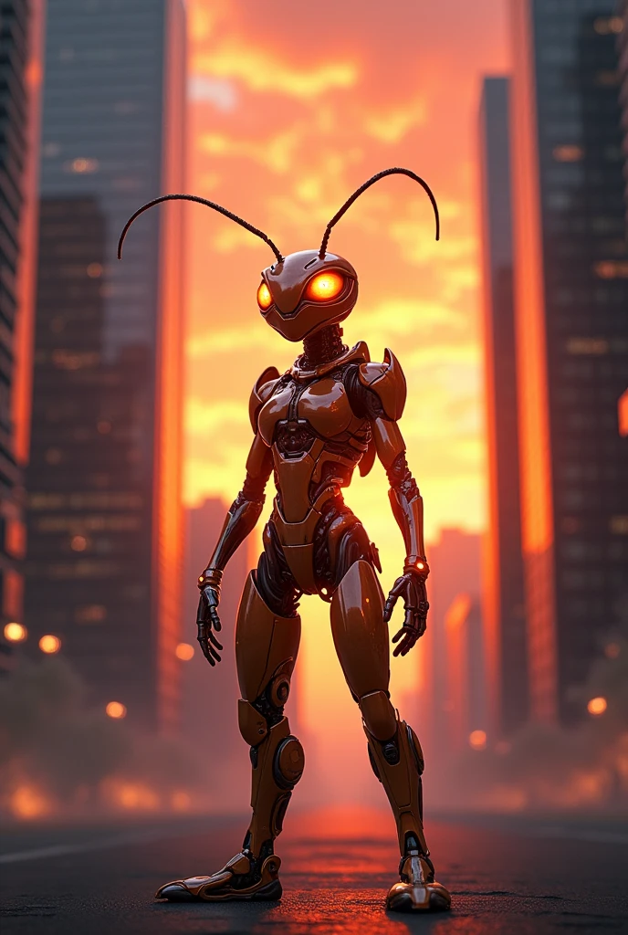 Fire ant in glossy cyborg costume standing between sky scraper at sunset