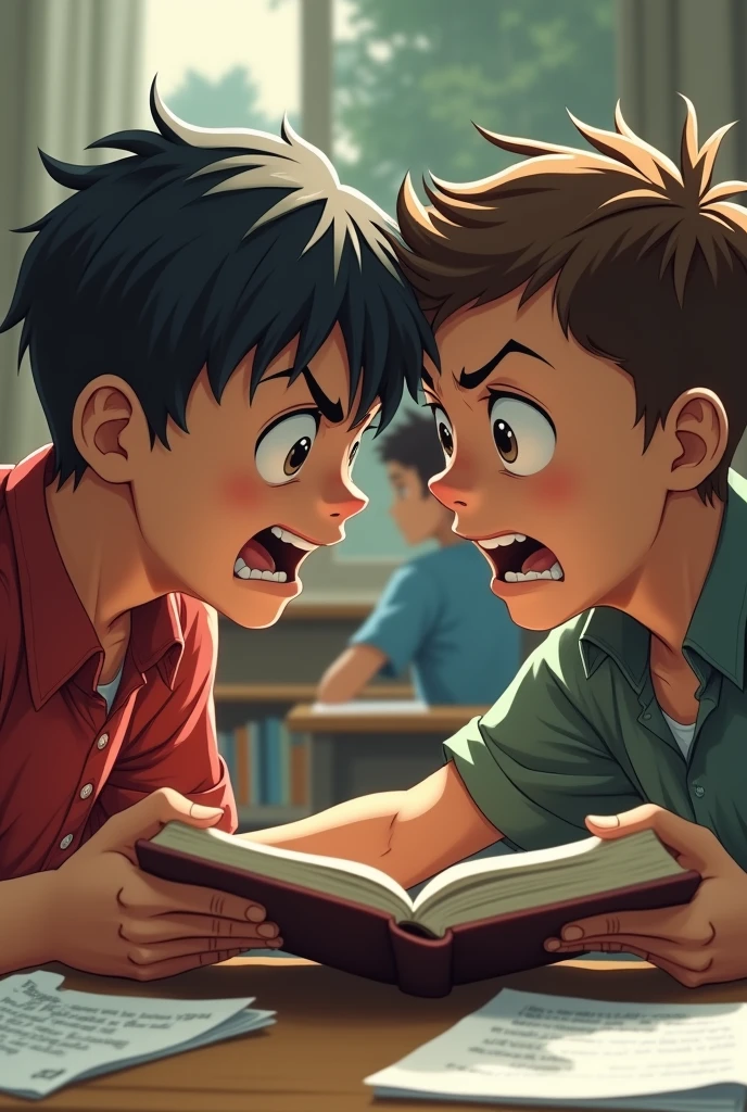 (front view) (a middle school boy) (try to snatch a book) (from other middle school boy)