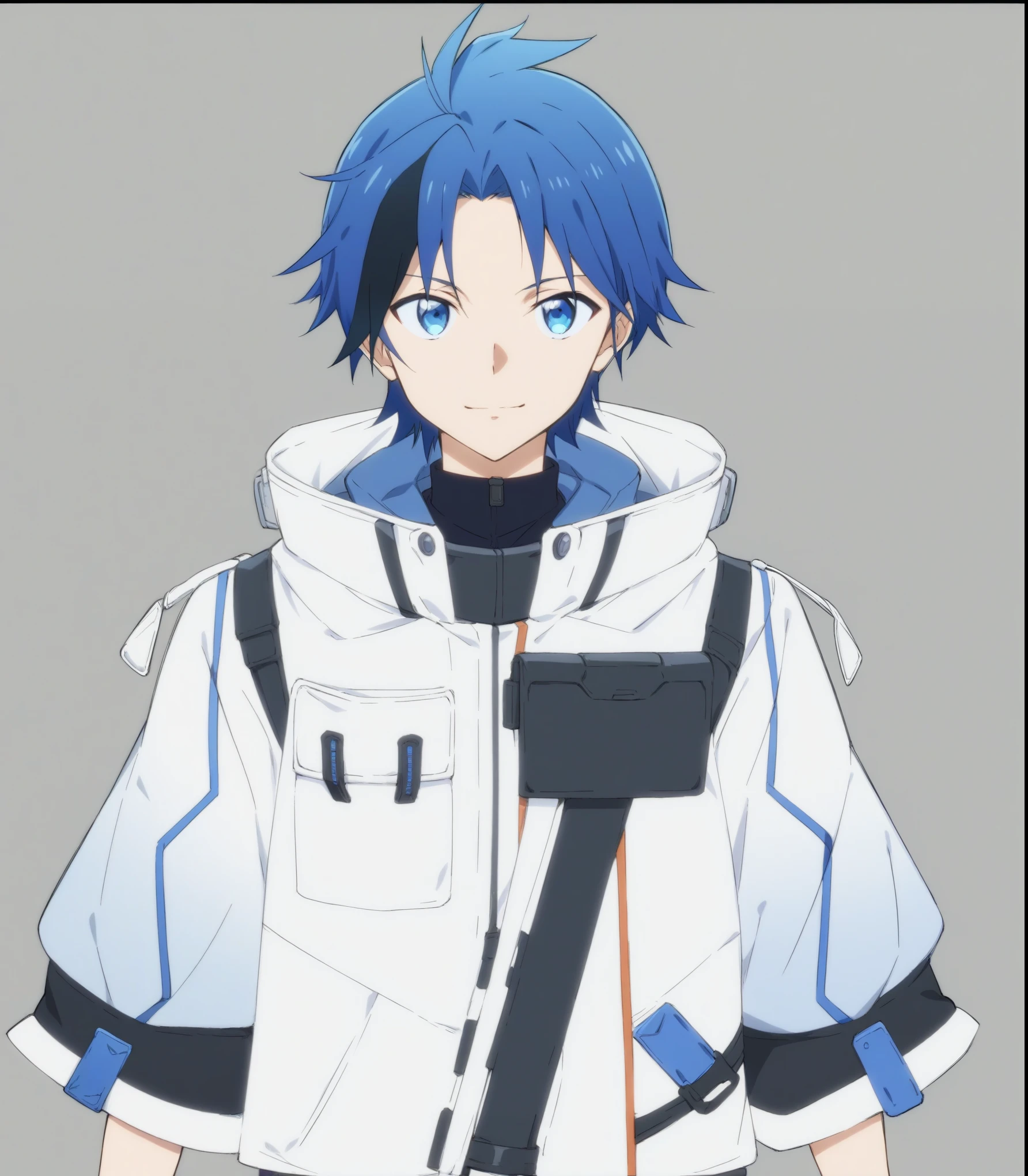 Blue Hair,Black Gradient,White jacket, Blue Eyes,2DAnime style, live2d virtual youtuber model, male anime character, Anime style角色, Tall anime man with blue eyes, Anime style, High-quality anime art style, Trigger anime art style, 2022Anime style, 2 0 2 2 Anime style, Anime style