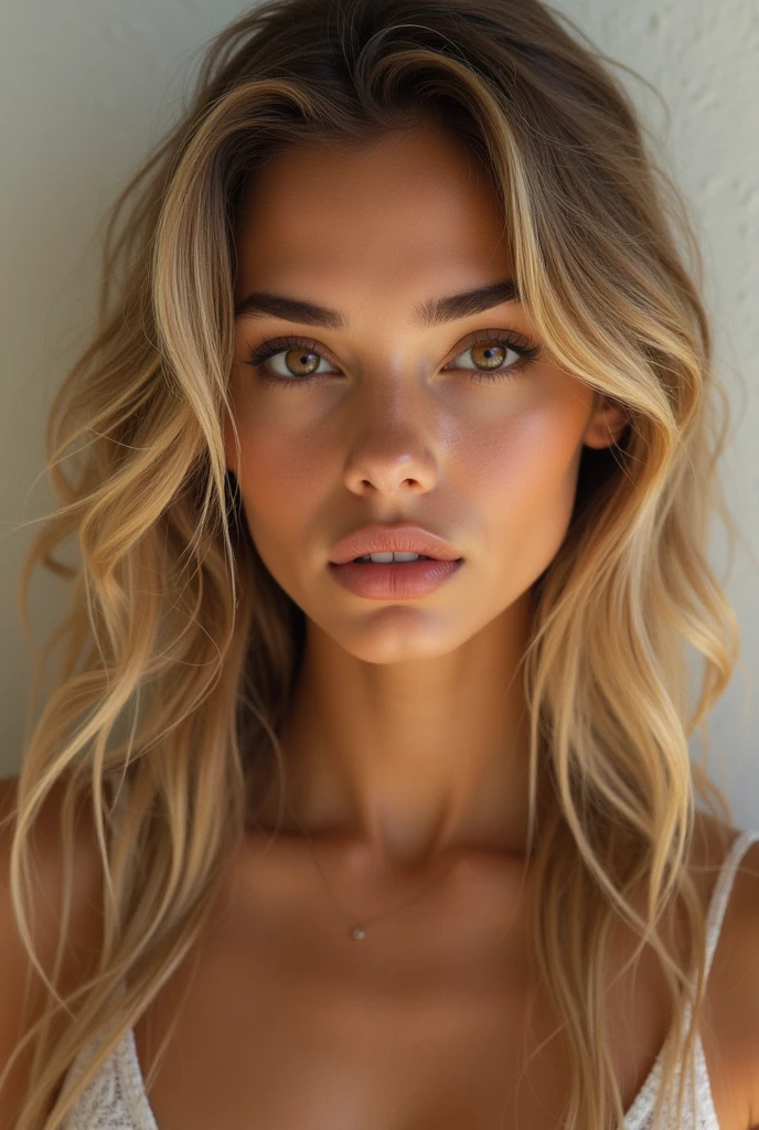 beautiful latino with wavy blonde hair, peau couleur caramel, yeux marrons