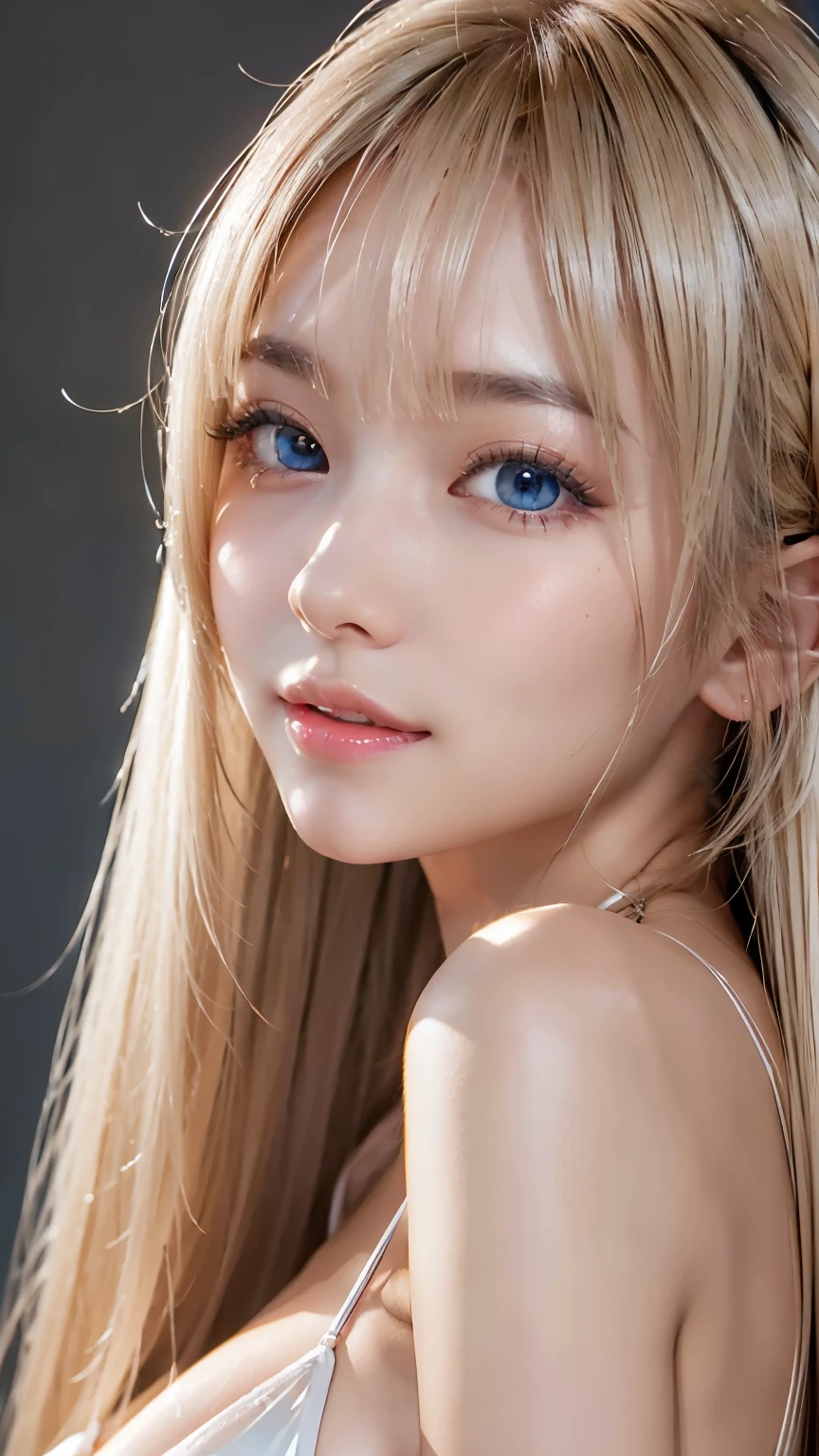 Unparalleled beauty, Glossy, firm and shiny skin, Bangs between the eyes, Beautiful shiny, straight platinum blonde, Super long straight silky hair, eyeliner, sexyで美しい無邪気な, Amazingly large and high quality、beautifully、Bright Blue Eyes, beautifullyて素敵な, ((Huge ))、((erotic、sexy、Ultra-high resolution、The lighting is bright、Precise needles without discomfort))、