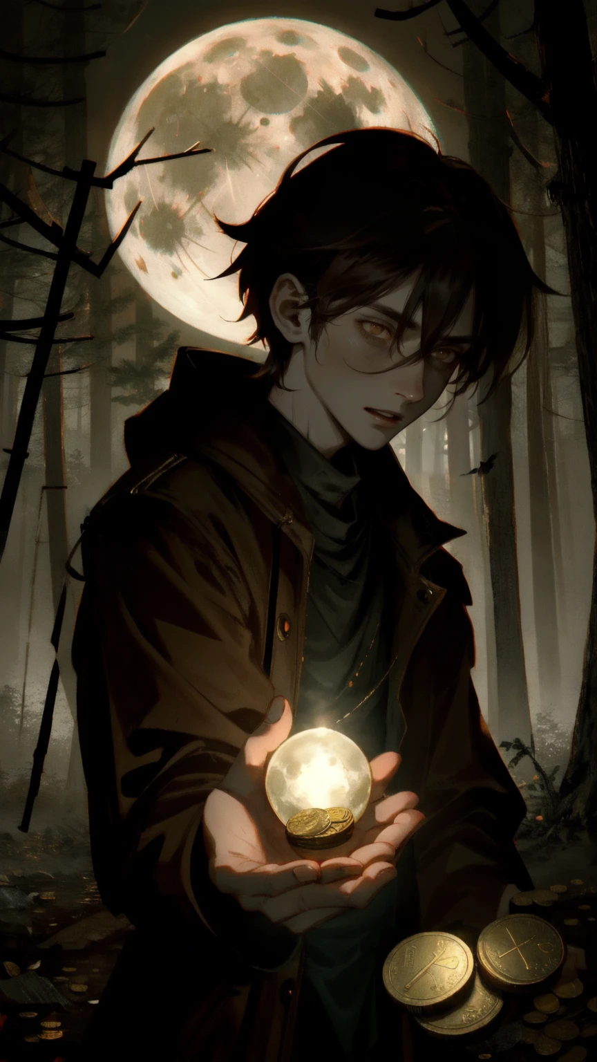 A zombie-like character in a forest under a full moon, grasping at falling coins with a crazed expression, illustrating the theme of 'Airdrop Addiction.' The entire scene is bathed in eerie, brown-toned lighting to create a haunting atmosphere.