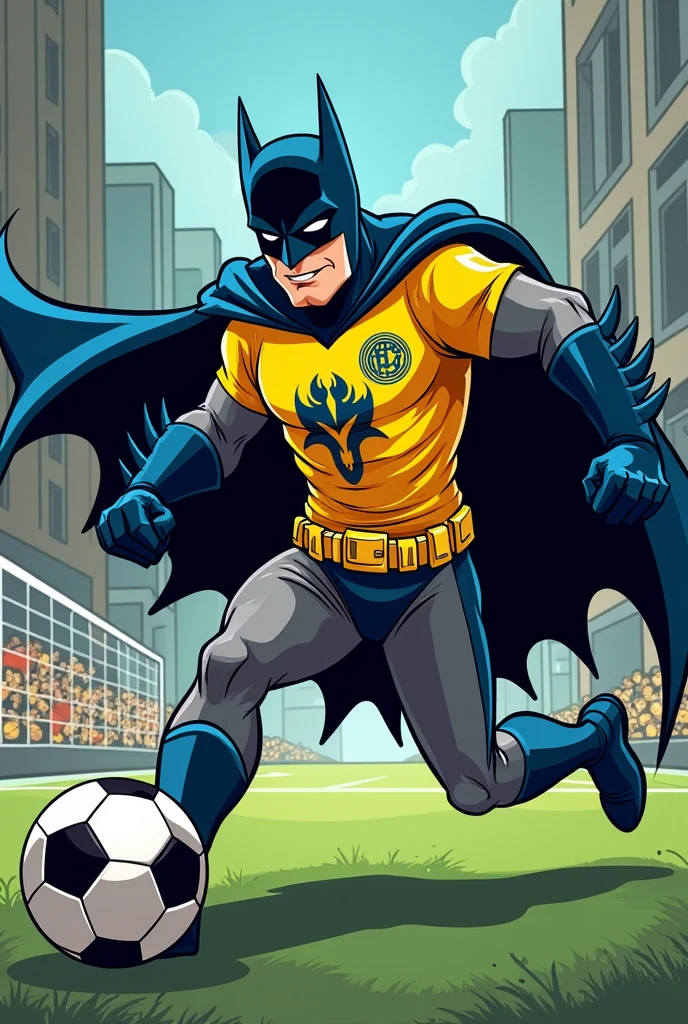 Comic-style cartoon of Batman wearing a soccer shirt