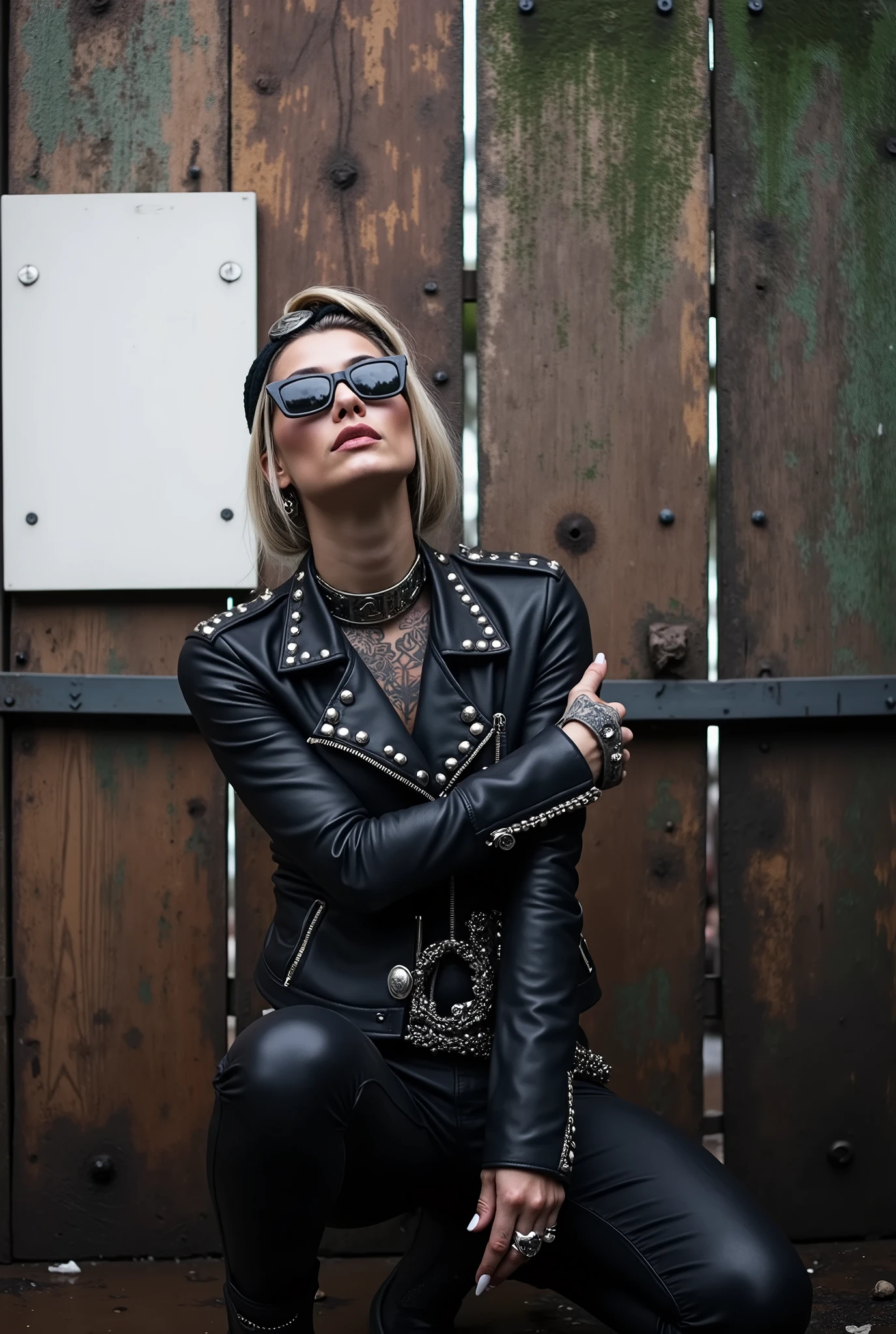 Anglosaxon old milf woman, , blonde platinum hair (beehive bun, black parsley headband), with very light green eyes, extremely pale. .Wearing oversized square black maxisunglasses Wearing studded cropped black moto jacket (verical zippers on the sides,skull badges on sleeves). Black lace push up bra, skinny leather jeans. Silver Chelsea boots with cuban heels. Lots of thick wide studded bracelets, chain collars and big rings. Tacky wide studded leather belt, with big skull and bones round buckle. Long earrings with chains. Squatting on a large torm, dirty usa flag, looking at the photographer. Craving heavily. Hands on knees. Waste and trash all over the floor. Her studded leather bag, thron away. Looking at the camera, chin up. Toned abdominals, thin neck, slim legs and thin arms. Neck, chest, belly, hands and arms completely tattoed. Dirt road of Nairobi after the rain, puddles on the ground,crowded with muscular shirtless men in jeans, street full of puddles and garbage. Her studded black leather bag is a few metres behind her