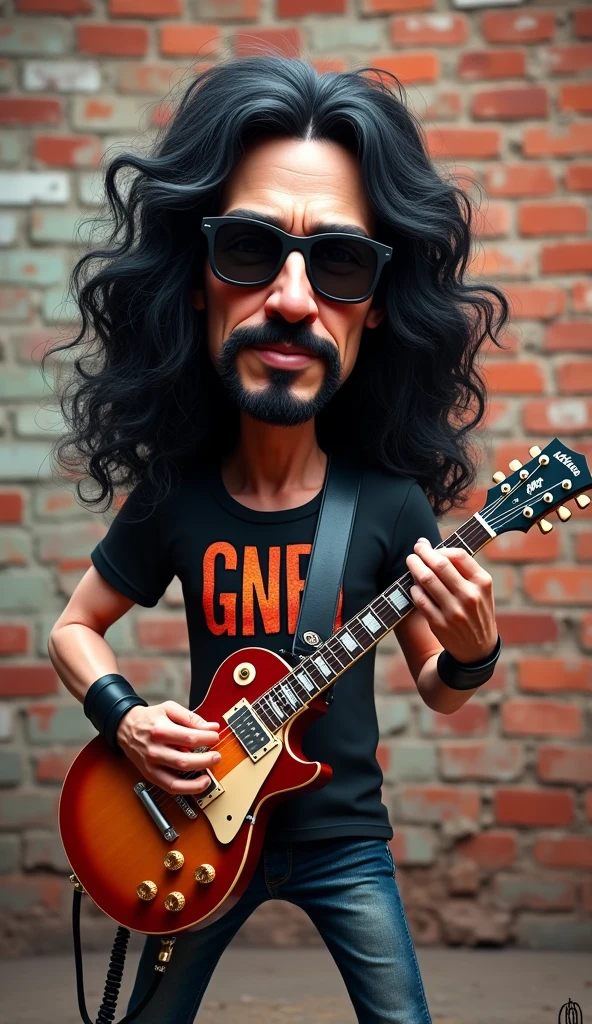 3d kids caricature, a man who looks like slash, wearing a t-shirt that says "gnr", playing the gibson guitar, brick wall background