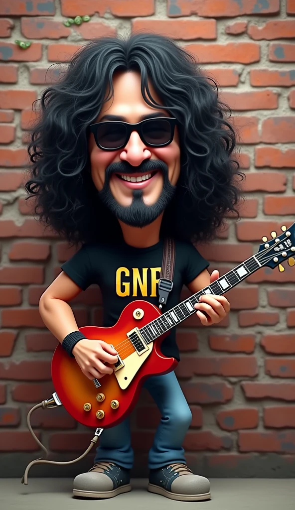 3d kids caricature, a man who looks like slash, wearing a t-shirt that says "gnr", playing the gibson guitar, brick wall background