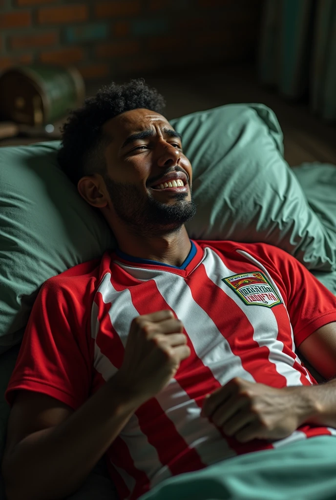 Bahian man Olodum with the Vitória da Bahia shirt crying in bed