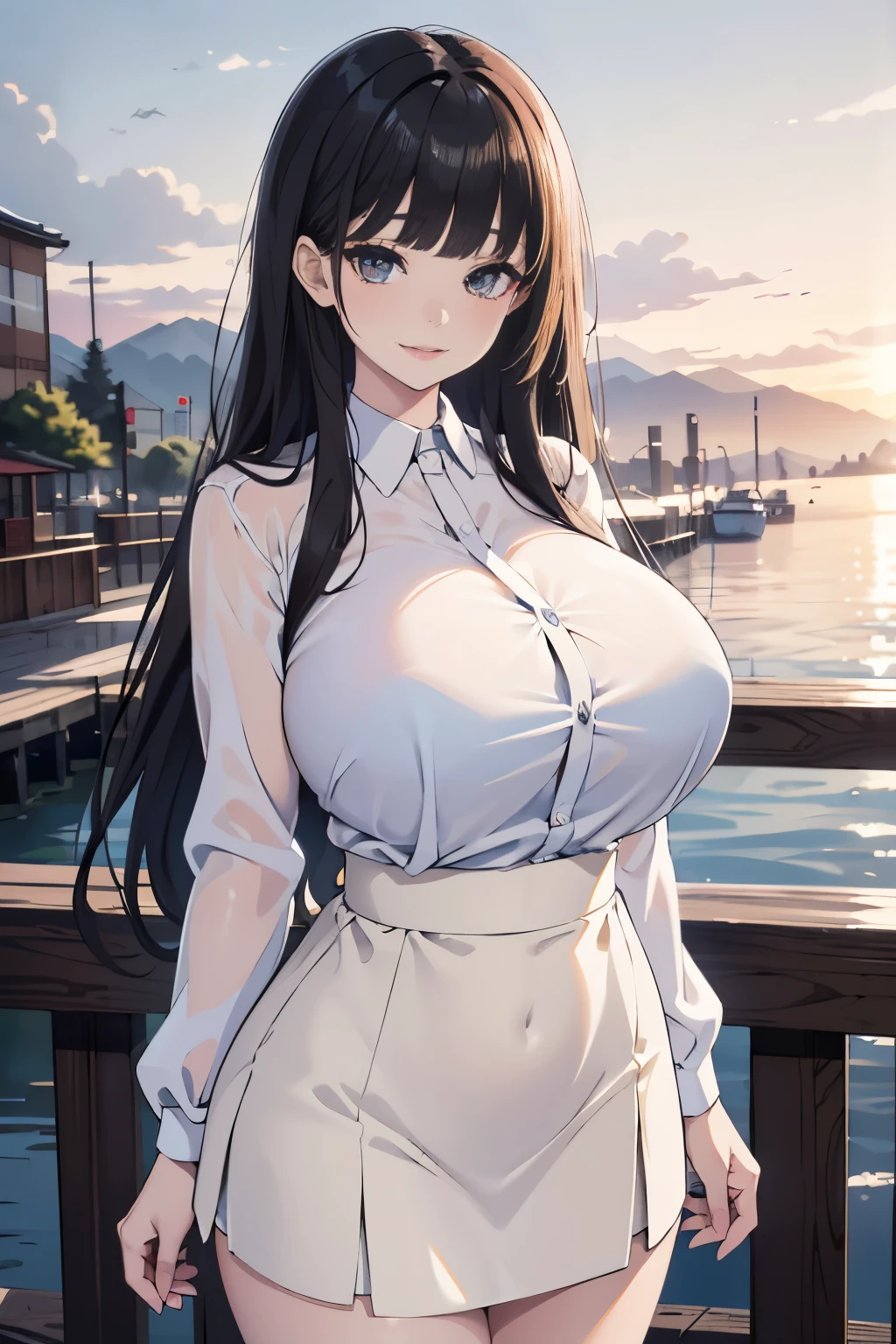 (超High resolution,4K,Very detailed, photograph, 8k, High resolution, High resolution, Absurd:1.2),2 Japanese woman,(Long black hair,Blunt bangs),Beautiful character design,Beautifully detailed eye depiction,Perfect Face,Expressive eyes,(smile:1.0),(Ladies Suits,White blouse,Tight skirt),(Huge breasts:1.2),(Deep valley:1.1),Narrow waist,Are standing,Daytime