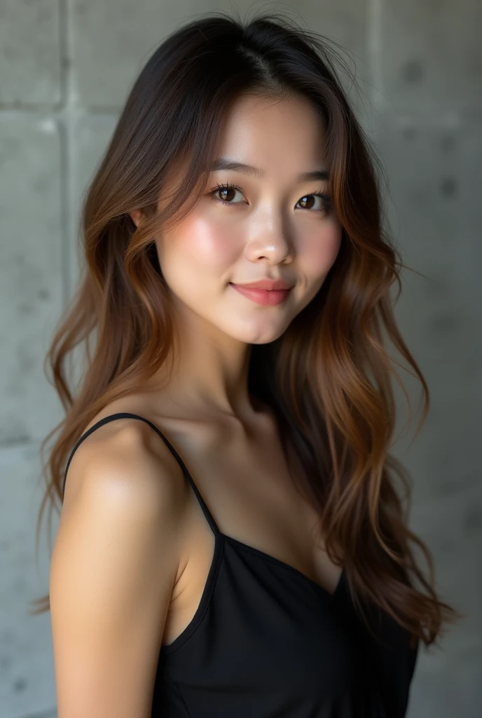 Asian Beauty、beauty、Soft hair、Black Sleeveless、Landscape、I can see your forehead、Background is simple concrete、Olive brown hair、smile、looking at the camera、Lighten the ends of your hair、Semi-long hair、Outline of an inverted triangle、Big Eyes、Thready hair、Rounded silhouette、human、Realistic、Base Model、photo shoot、Chin narrowing、cute、Pure feeling、プロのphoto shoot、Head to chest photo、cute、Beauty、elegant、Shiny Hair、