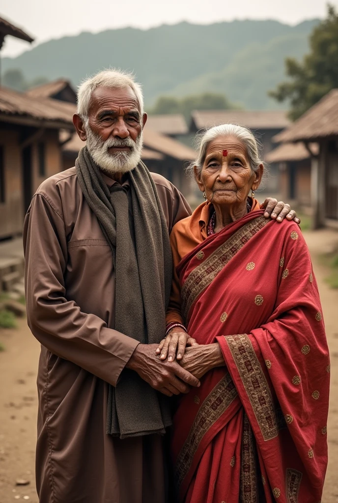 An old Nepali grandfather and grandmother photo in village of nepal in Pradhan traditional outfit