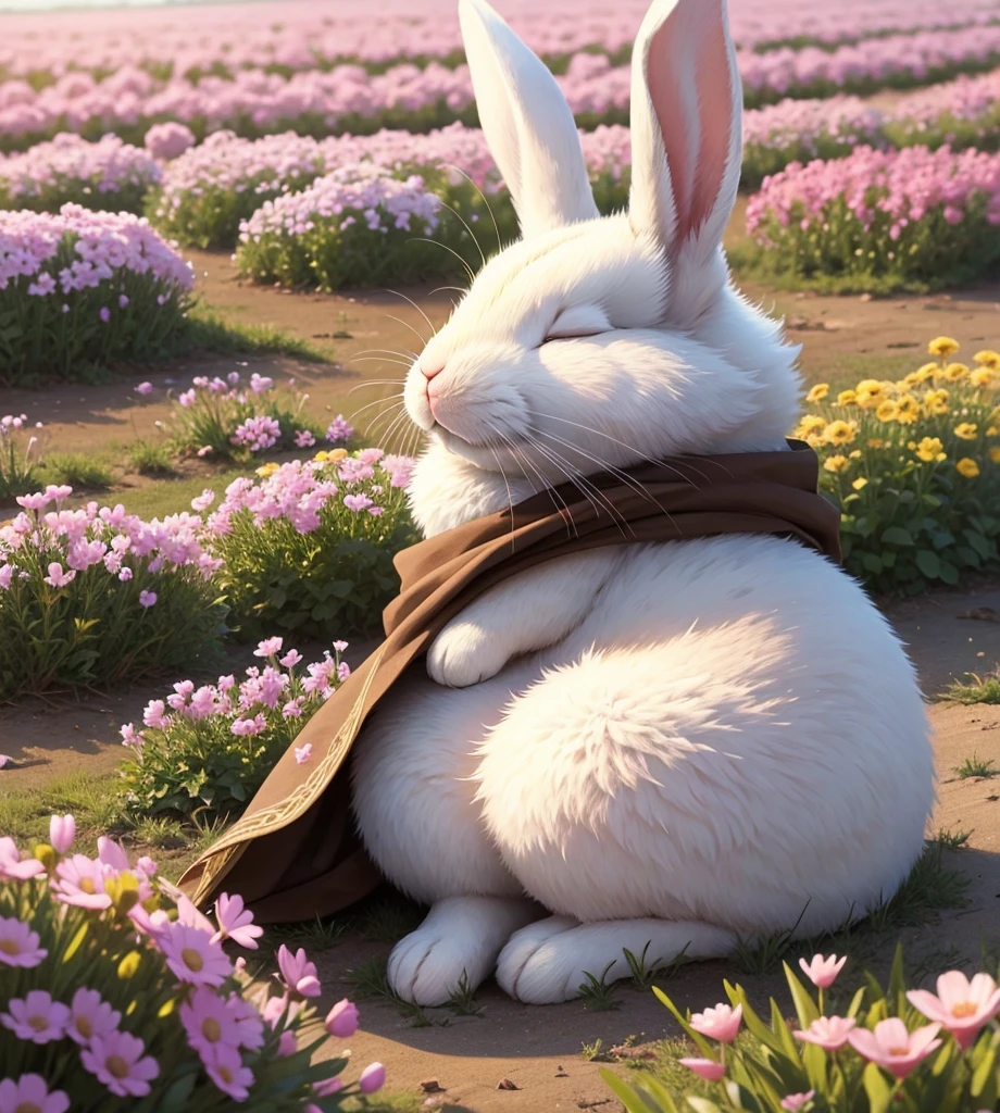 A rabbit sleeping on something fluffy in a flower field