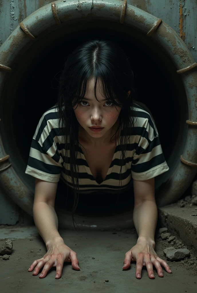 An 18yo girl wearing a prison uniform crawling out of a sewer pipe. Cleavage showing through unbuttoned shirt