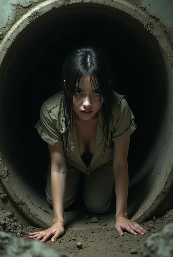 An 1 girl wearing a prison uniform crawling out of a sewer pipe. Cleavage showing through unbuttoned shirt