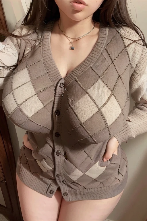 (best quality), (masterpiece), 1 girl, early 20's, huge heavy breasts, busty, massive breasts, thick, thick lips, wide hips, thin waist, argyle cardigan