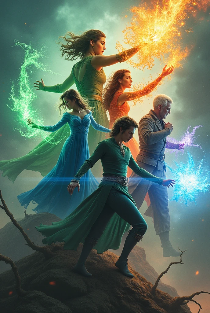 A movie poster, with a green haired man, green clothes, using green magic to create roots and plants around, A woman with blue hair and a blue dress, using a blue magic to control the water around, a woman with red hair and warm colored clothes, using orange magic to control the flames around, and a man with white hair and gray clothes, using white magic to control the winds around.