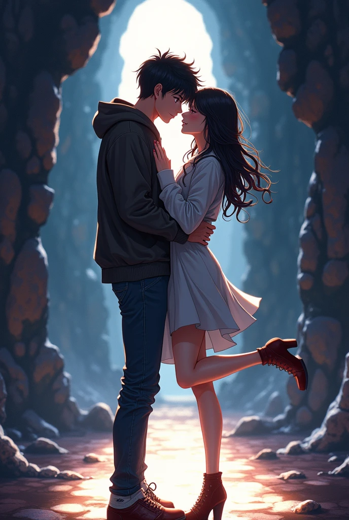 masterpiece, best quality, {best quality}, {{masterpiece}}, {highres}, {{{field field}}, extremely detailed couple, illustration, couple, 1boy, 1girl, couple, love, love, romantic, sharp focus, male focus, female focus, black hair, violet eyes, sun, sunlight, lifting, surprised, envy, t-shirts, men's leisure clothes, expressionless, women's fashion, dungeon, adventurer, goblin