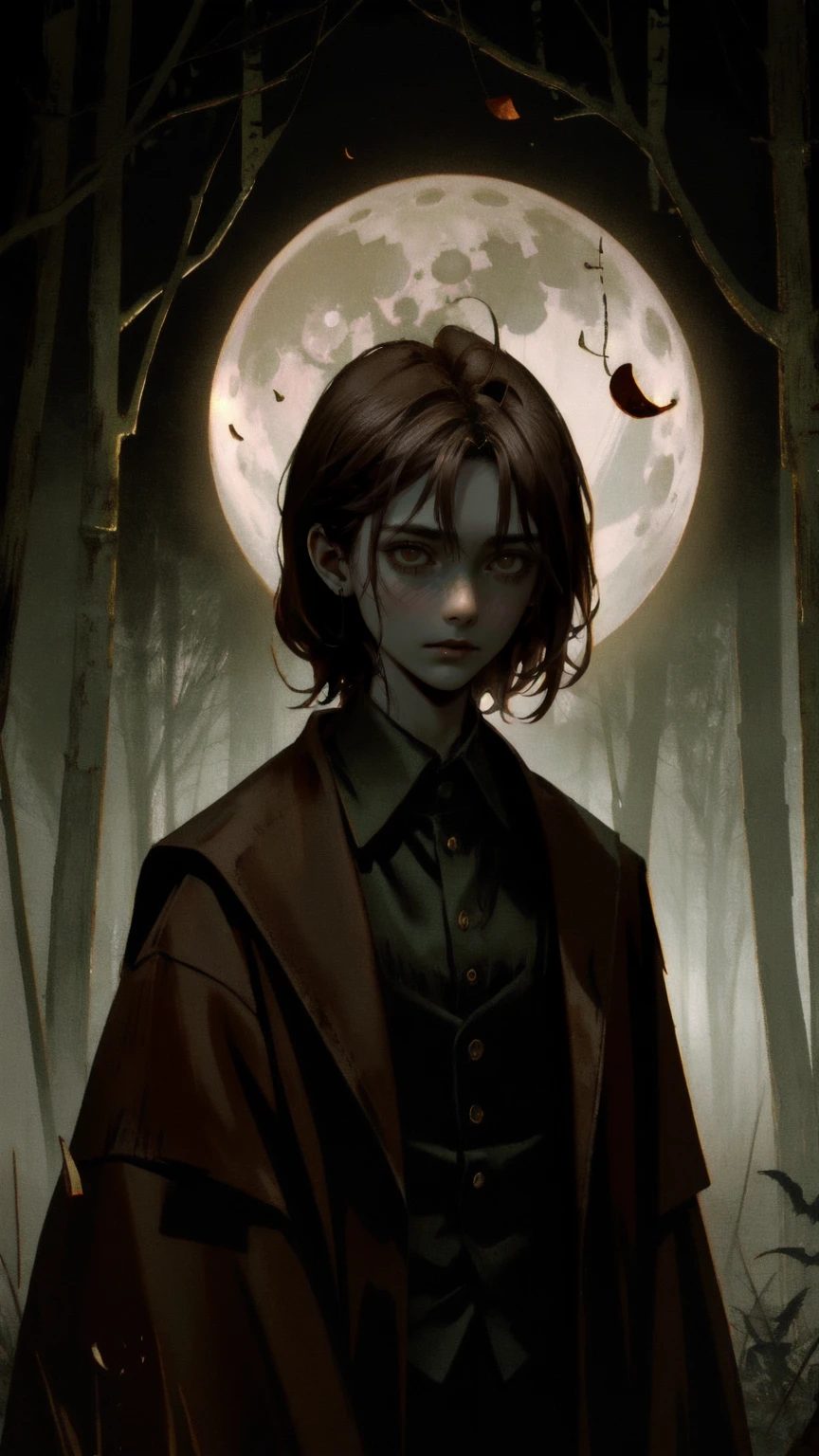 An eerie scene with a zombie-like character standing in a dark, twisted forest under a full moon, desperately grasping at falling coins. The character's face shows extreme obsession, illustrating the theme of 'Airdrop Addiction.' The entire background is enveloped in a haunting brown tone, enhancing the creepy atmosphere