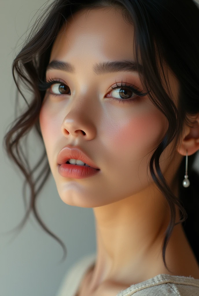 A beautiful woman with thick, intense eyebrows and eyelashes