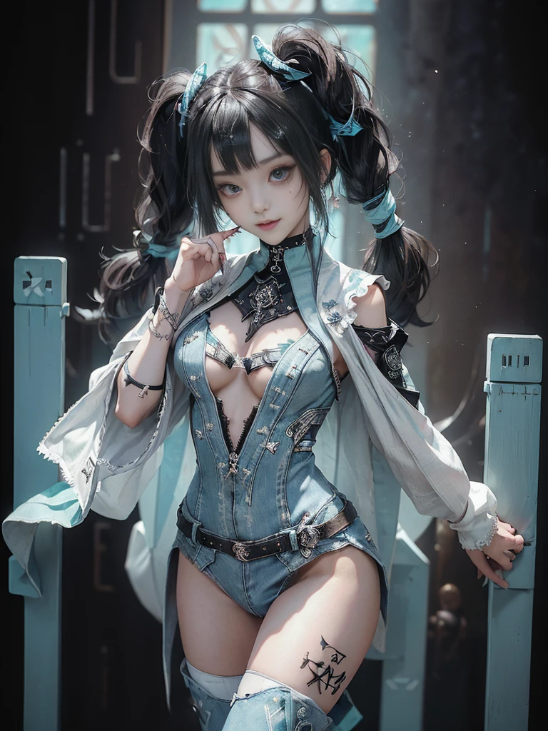 (Full Body View:1.miling with teeth showing:1.3),(Shibuya Gal:1.5)、(Goth Style Fashion:1.5)、(Sdess Cosplay:1.5)、(Wearing a rhythmic gymnastics bodysuit with intricate details:1.4)、(Cloak de cour with delicate decorations in white, denim and turquoise:1.5)、(Denim with turquoise and white boots:1.3)、((belt))、(Numerous delicate logo marks all over the costume:1.4)、(Denim collar:1.3)、(Stripeerwear:1.5)、30 years old、NSFW、((Highest quality、In 8K、masterpiece:1.3))、Sharp focus(Layered Cut、Beautiful boobs:1.1),Beautifuln with perfect figure:1.4、(Sexy gravure pose:1.3)nder Abs:1.2、Highly detd face and skin texture、Detailed eyes、double eyelid,(Twin tails:1.3)、(Black brown hair:1.3)、Gravure idol、(The background is a fantastical, Tetris-like space.:1.3)、(Slim Body:1.3),(Make your legnner:1.4),(clavicle:1.1)、(Thin thighs:1.2)