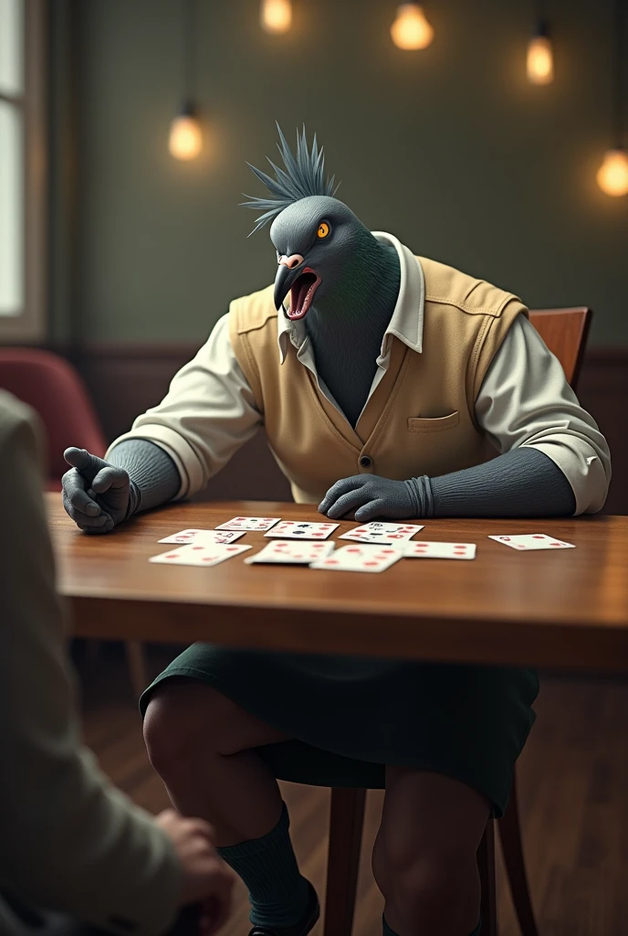 ((Highest quality)), ((masterpiece)), (detailed), A gray female pigeon with an angry expression and open mouth is wearing an off-white collared short-sleeved shirt, a light brown vest, a knee-length black skirt, dark green socks and black shoes.、He is playing cards at the table and pointing at me、Muscular grey female pigeon、Photorealistic images。