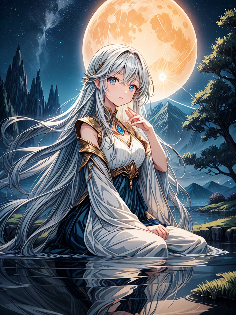 Create a anime style landscape image. Fantasy-style digital artwork featuring a serene night scene by a lake. The layout is vertical, with a woman sitting on the edge of the water under a large tree. She has long, flowing hair and fair skin, wearing a detailed, flowing dress in shades of orange and blue. Her facial features are soft and serene, with a gentle expression. The scene is illuminated by a glowing orb in her hand, casting a warm light that reflects off the water and surrounding area. The background includes a starry sky with a bright moon and distant mountains, adding to the mystical atmosphere. Small, glowing particles float around her, enhancing the magical feel of the image.