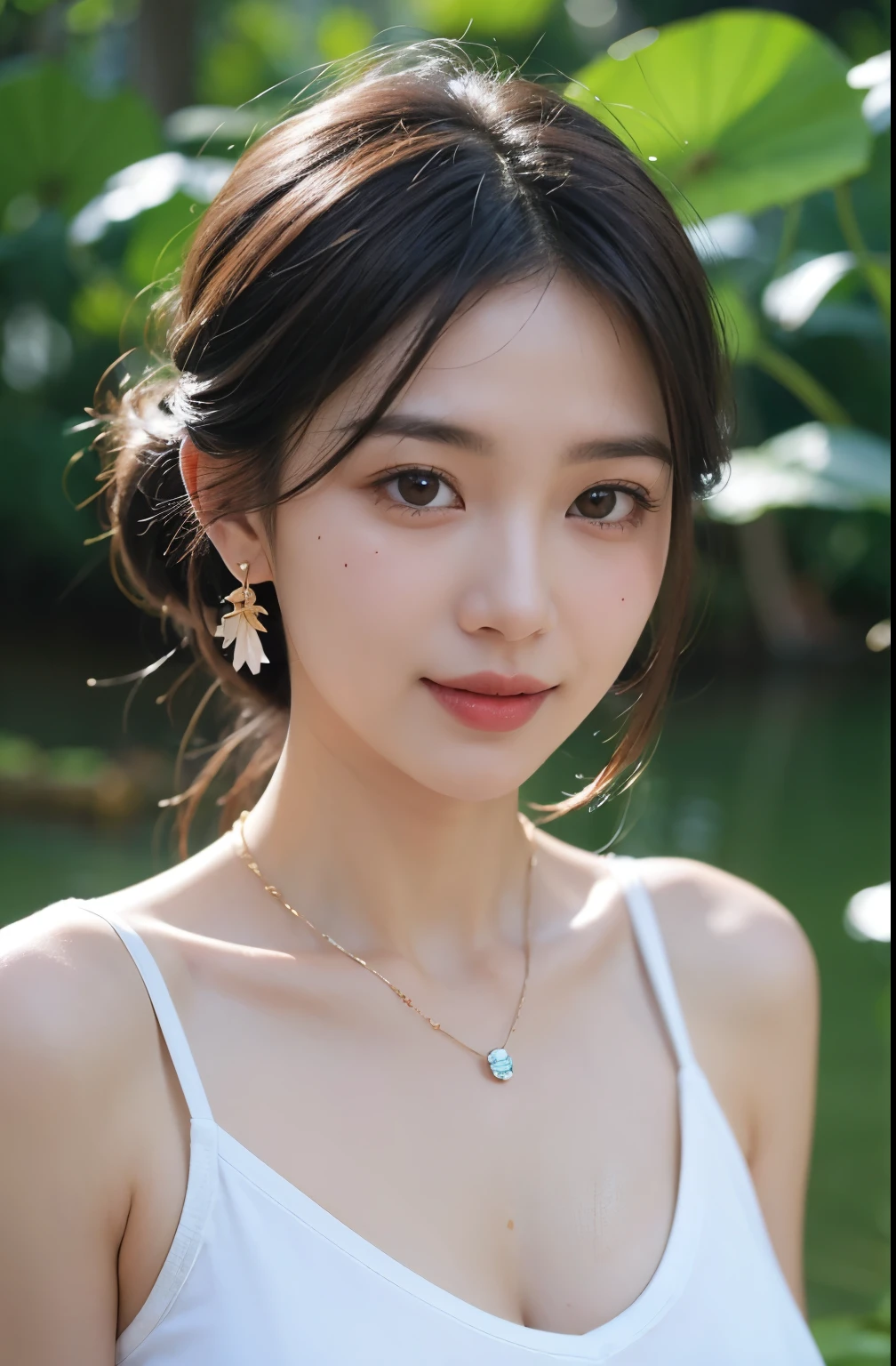 (8K,tmasterpiece),(Pure and charming girl:1.3),country road,Green Mountains and Green Water,tile-roofed house,Wear short sleeves, Black color hair,Big wavy long hair, Very detailed face and skin texture, A detailed eye, 二重まぶた, Pale cheeks, Glossy glossy skin, Moist eyes:1.2, Shiny earrings and necklace, Glossy lips:1.4, White skin of the:1.2,Natural medium breasts, (Sweet smiling:1.2), (looking at viewert), (tiny mouth:1.2),fully body photo,Ultimate detail