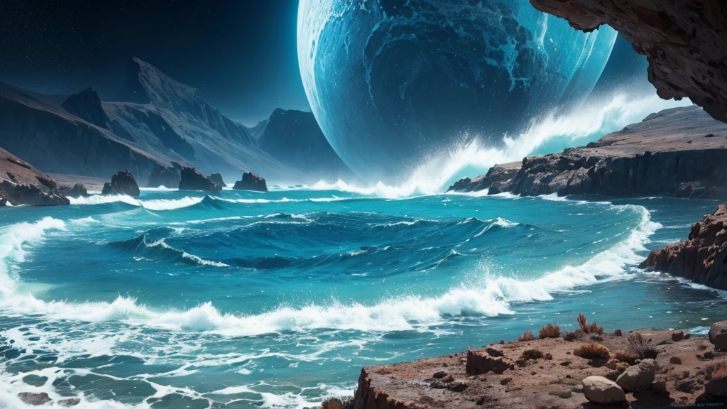 Transition to ancient seas, showing the first signs of life—microscopic organisms evolving into more complex forms.