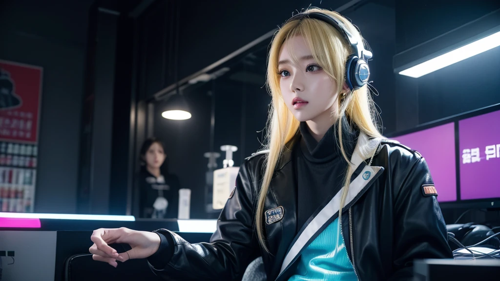 k-popアイドル、I have headphones on、Cool uniform outfit、Cyberpunk feel、Beauty、The whole body is reflected、Getting in the rhythm、Blonde、The headphones are illuminated
