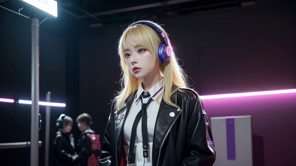 k-popアイドル、I have headphones on、Cool uniform outfit、Cyberpunk feel、Beauty、The whole body is reflected、Getting in the rhythm、Blonde、The headphones are illuminated
