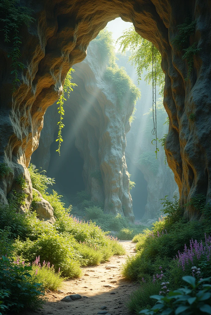 Create a image of a realistic Natural cave with flowers and bushes in it
