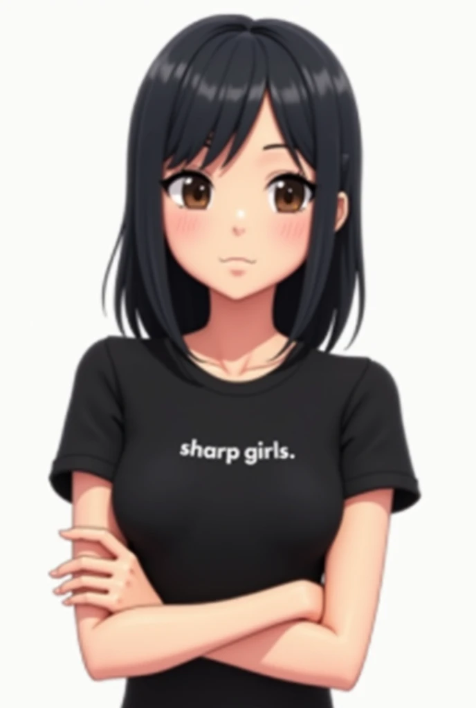 3D anime avatar, straight hair parted in the middle, Bblack hair, dark brown eyes black sleeve t-shirt, and the name SHARP GIRLS small on the shirt on the front, white background, with crossed arms, of bust
