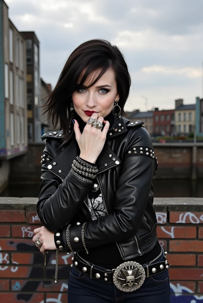 russian old milf woman, blonde hair (quiff, shaved sides), with very light blue eyes, extremely pale. Wearing studded cropped black moto jacket (with lots of side zippers and pins), black and white lace push up bra , dark skinny blue jeans and pointy silver Chelsea boots with cuban heels . Lots of thick wide studded  bracelets, chain collars and big rings. Tacky wide studded leather belt with big skull and bones round buckle. Long earrings with feathers. Standing up, humble facial expression. Hands touching her neck in a shy way, showing off bracelets and rings. Chains around belt.. Listening in amazement to somebody speaking to her, toned six pack abdominals, thin neck, slim legs and thin arms. Narrow hips. Pierced belly button. Tattoed heavily.  Behind, graffitied brick wall.