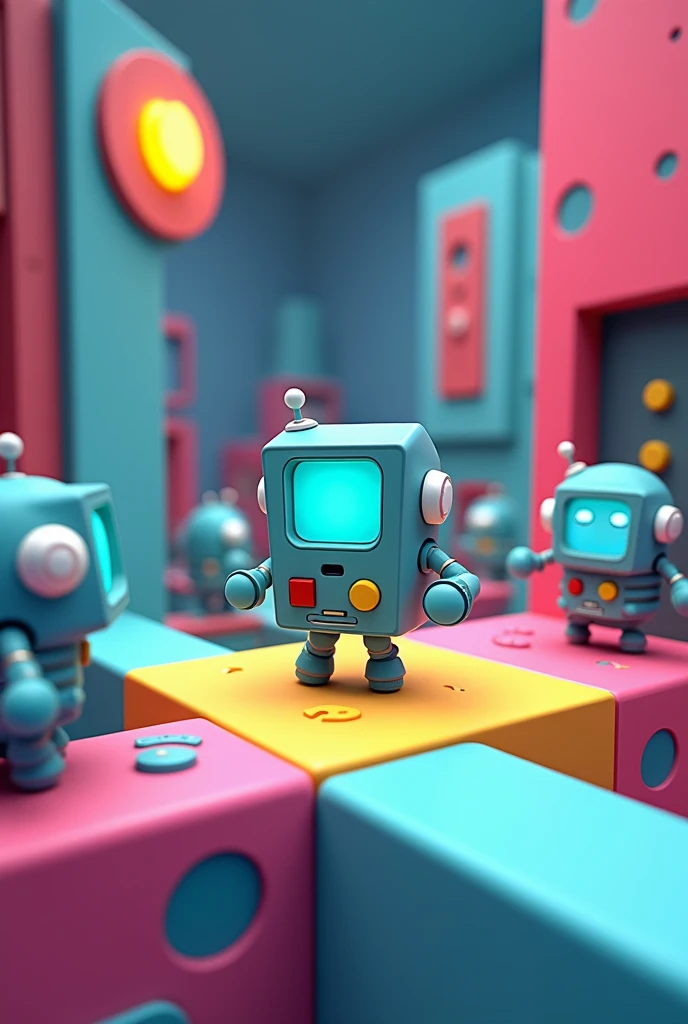 3D game screenshot, third-person camera view, stylized casual game. Main character is BMO robot from Adventure Time cartoon. Multiple similar robots running around the level. Level design resembles a test chamber. Colorful, playful atmosphere. Cartoon-style graphics, simple textures. Isometric view, ((((game UI elements visible))). Adventure Time inspired, puzzle-platformer aesthetics. Game development, 3D modeling, character design
