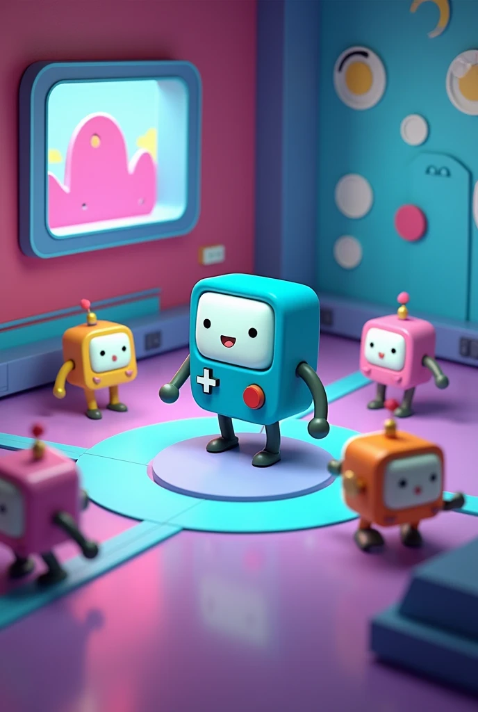 3D game screenshot, third-person camera view, stylized casual game. Main character is BMO robot from Adventure Time cartoon. Multiple similar robots running around the level. Level design resembles a test chamber. Colorful, playful atmosphere. Cartoon-style graphics, simple textures. Isometric view, ((((game UI elements visible))). Adventure Time inspired, puzzle-platformer aesthetics. Game development, 3D modeling, character design