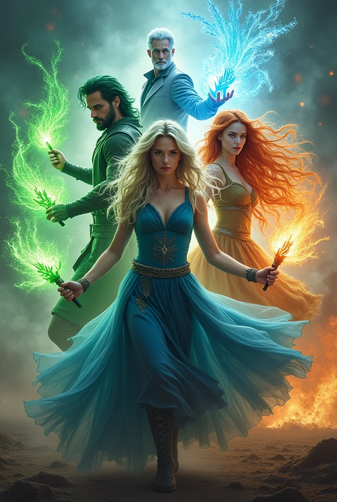 A movie poster, with a green haired man, green clothes, using green magic to create roots and plants around, A woman with blue hair and a blue dress, using a blue magic to control the water around, a woman with red hair and warm colored clothes, using orange magic to control the flames around, and a man with white hair and gray clothes, using white magic to control the winds around.