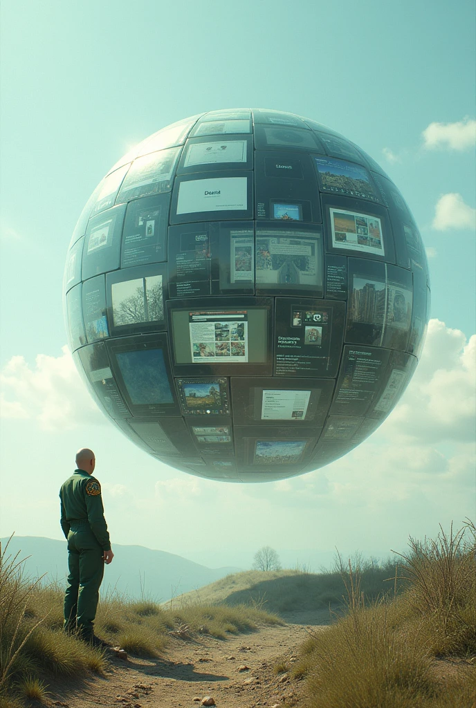floating transparent sphere full of technological screens each with different images and social networks , and a bald man dressed in modern green overalls with coat of arms on the shoulder sleeve, from the side and outside of this sphere looking at it in an open setting