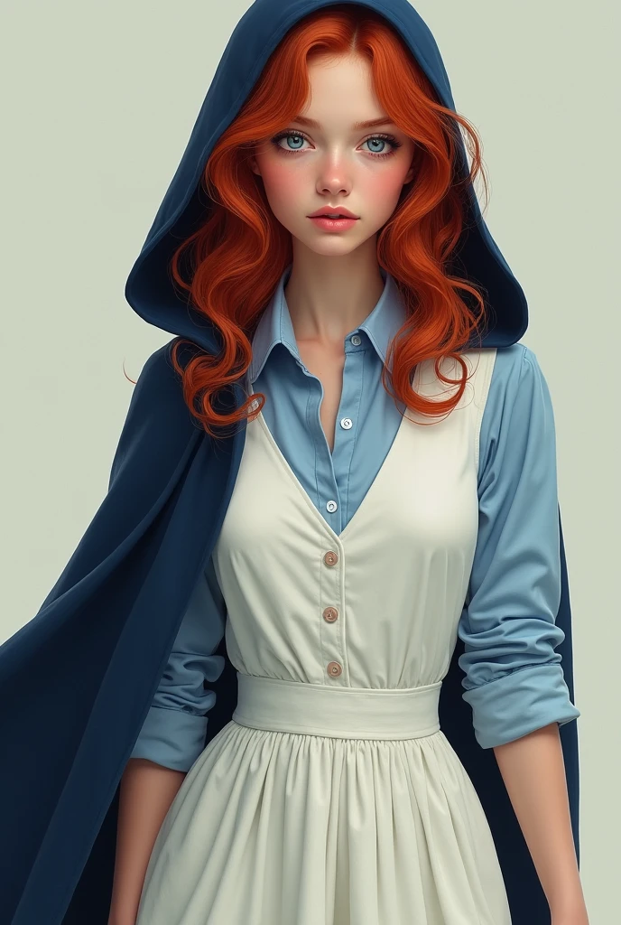 Red-haired girl with blue eyes, wearing a white dress vest, with a light blue shirt, a white skirt and a navy blue hooded cape