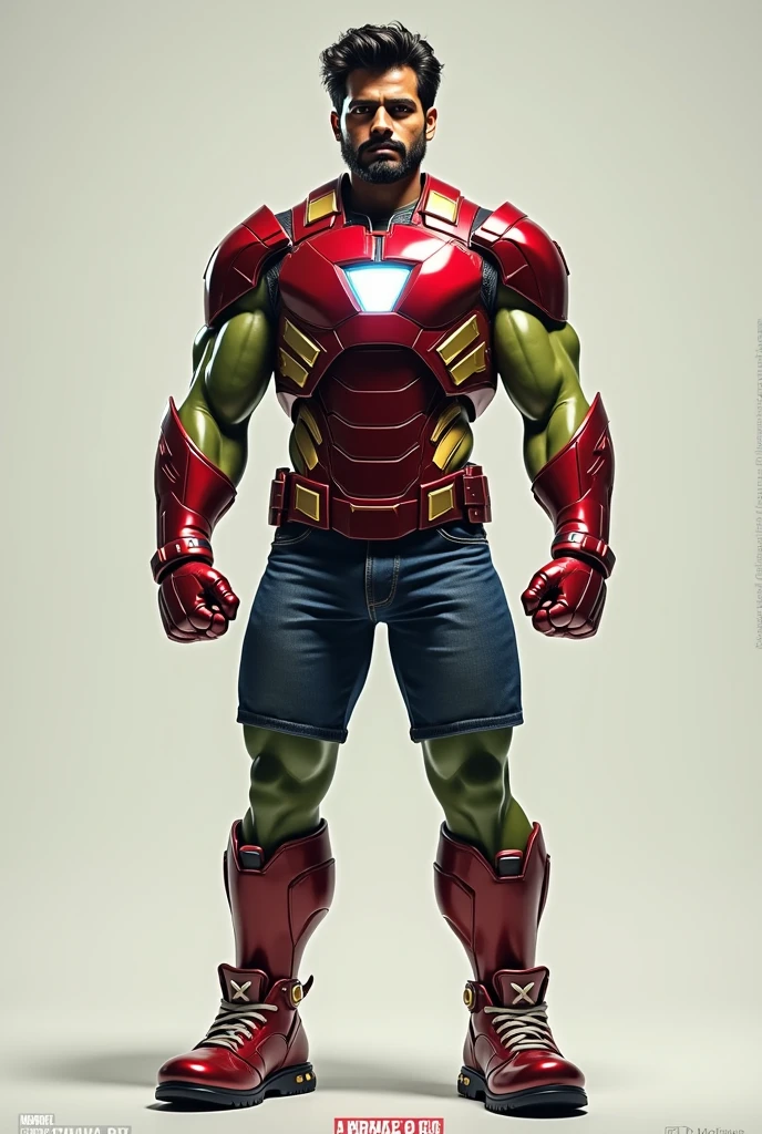 Indian man wearing iron man suit ( only chest ) , hulk legs , captain america shoes