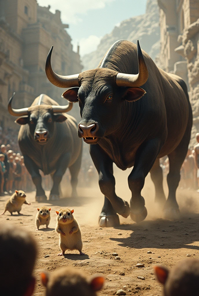 Create an image of bulls winning a fight and mocking hamsters