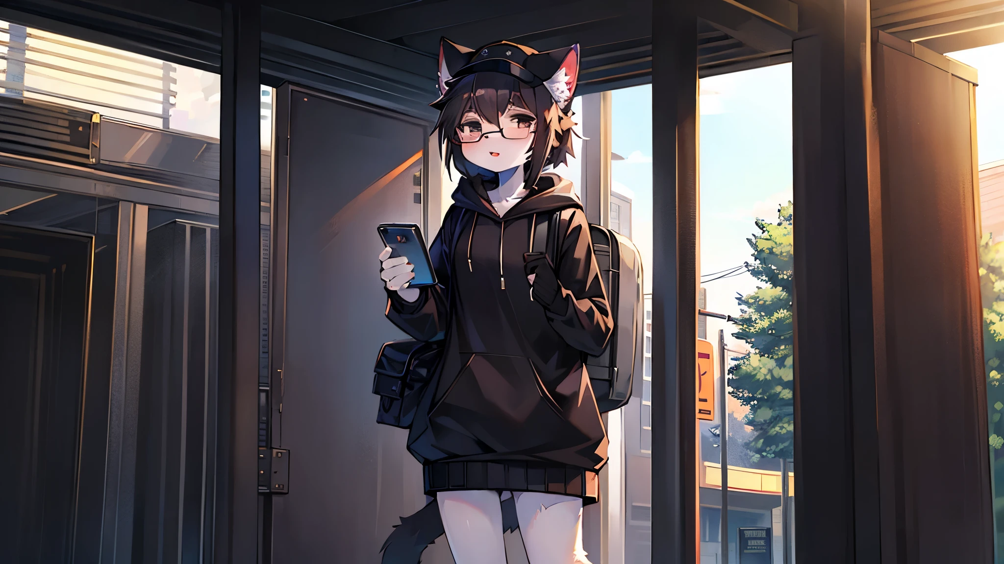 High quality, high details, (Solo, Kemono, cat, female, black hair, black eyes, white fur color, wear black cap, wear black hoodie, wear black skirt, wear glasses, backpack, tail), look at somewhere else, grabbed the phone, standing at bus stop, (bus stop sign, bus stop background, day time, center fov fogus, character on right)