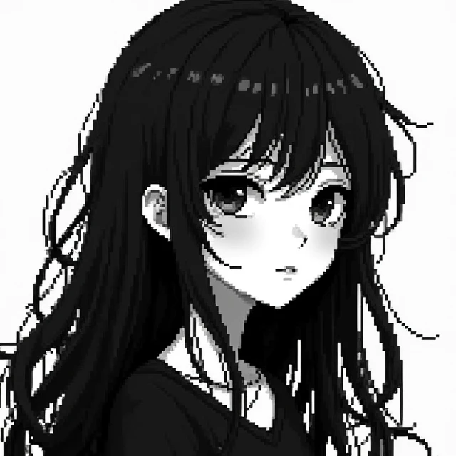 anime girl pixel art black and white with long hair