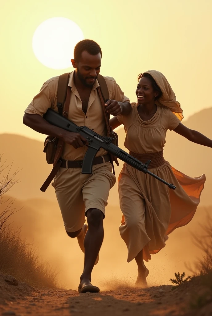 Somali man drops his rifle while running towards somali woman's open arms at dawn