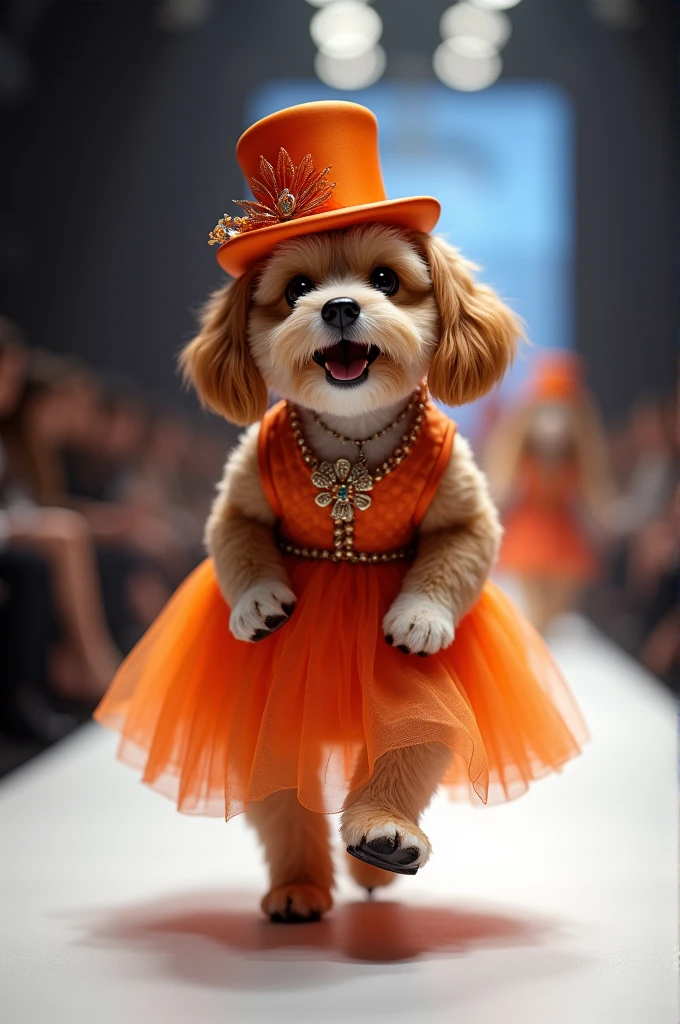 Create a scene where an adorable purebred dog is dressed in a fashionable outfit wearing a party dress in the latest color, a top hat on her head and a matching hat on her head as she walks confidently down the runway, smiling, showing off her ultra-realistic fashion sense. camera in motion