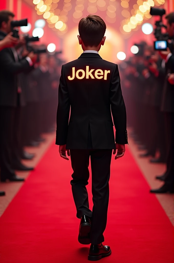 outfit ai boy for gala night with red carpet background and name JOKER at the back 