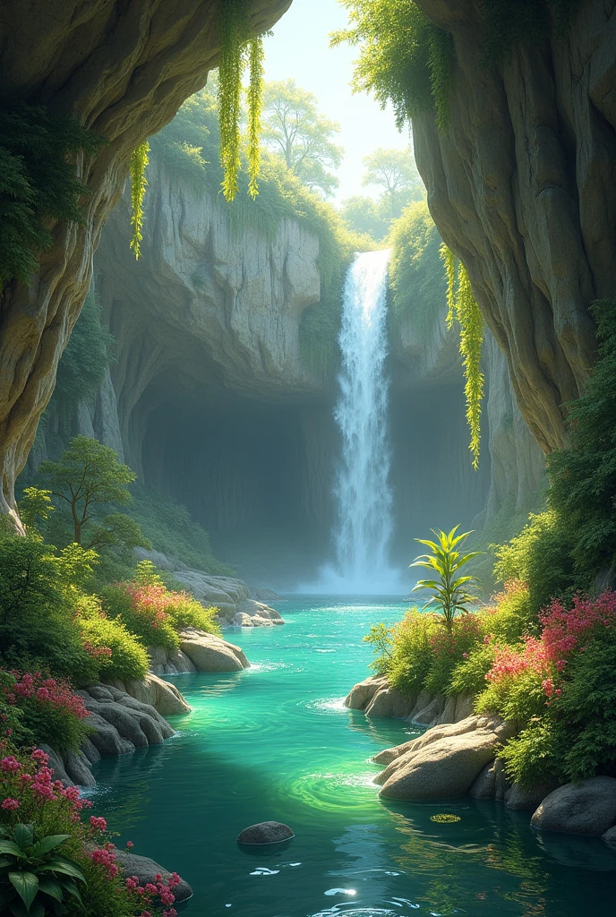 Create a image of a realistic Natural cave with flowers and bushes in it add a waterfall