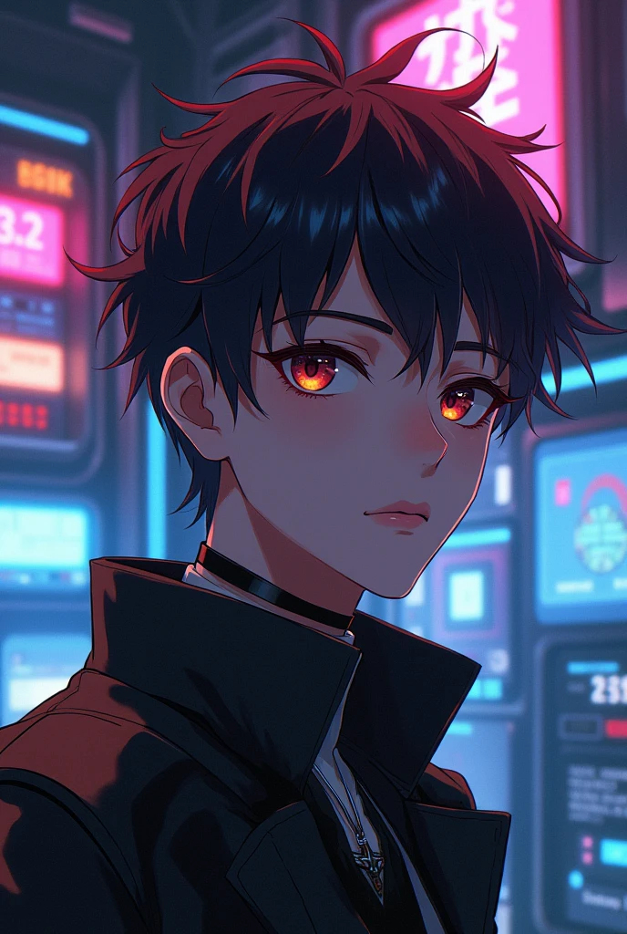 Anime boy, cyberpunk, in room, from head to waist , boy