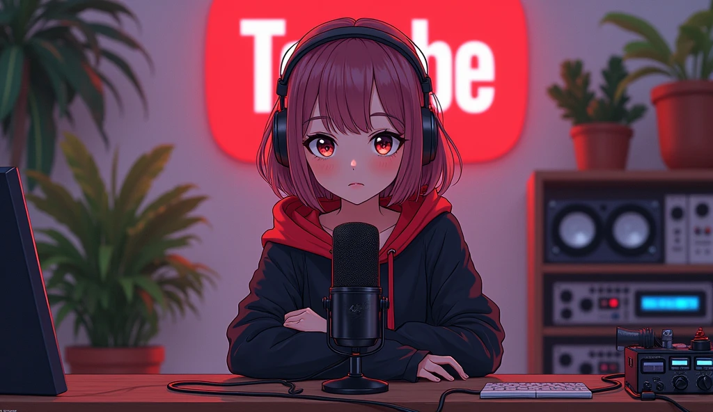 Create a image of "A 18 years anime girl with headphones sitting in front of a microphone, wearing black and red hoodie. The background includes a large YouTube logo on the wall, potted plants on either side, and various recording equipment."